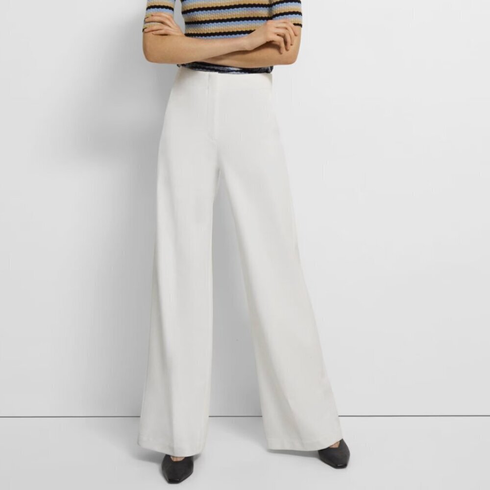 Theory Wide-Leg Precision Stretch Zip Fly Contemporary Ponte Pant White, size 8